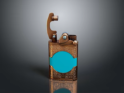 Vintage Bronze Lighter With Decorative Engraved Pattern And Blue Circular Accent 3d model