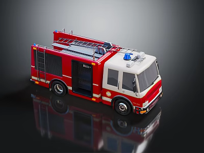 Red and White Fire Truck With Ladder Blue Emergency Lights Doors and Wheels 3d model