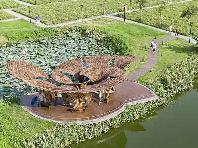 Outdoor Natural Leaf Shaped Pergola Rest Area By Lotus Pond And Grassland 3d model