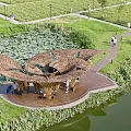 Outdoor Natural Leaf Shaped Pergola Rest Area By Lotus Pond And Grassland