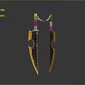 Double Daggers With Red Handles And Black Gold Blades Connected By Chain