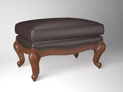 Dark Brown Leather Upholstered Ottoman with Carved Wooden Legs and Classic Design 3d model