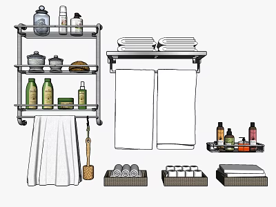 Essential Bathroom Accessories with Shelf Towels Toiletries Trays and Cleaning Brush 3d model