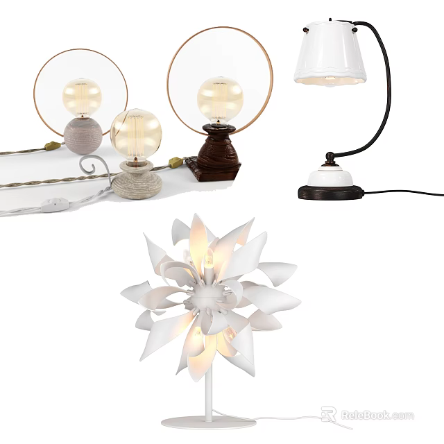 Modern Table Lamps With Spherical Glass Shades Flower Shaped Designs And Metal Wooden Bases 3d model 