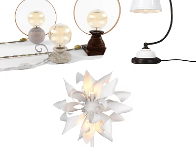 Modern Table Lamps With Spherical Glass Shades Flower Shaped Designs And Metal Wooden Bases 3d model