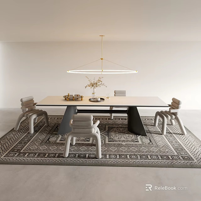 Modern Dining Table With Four Chairs And Decorative Items On Patterned Area Rug 3d model