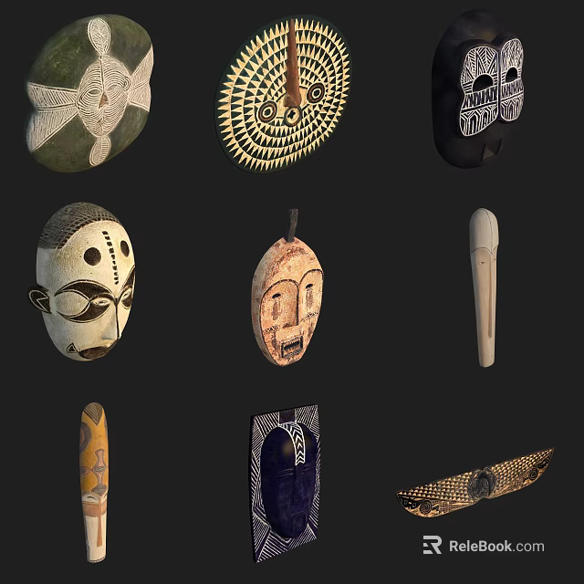 Traditional Handcrafted Sculpture Carving With Various Ethnic Masks And Ornate Patterns 3d model 