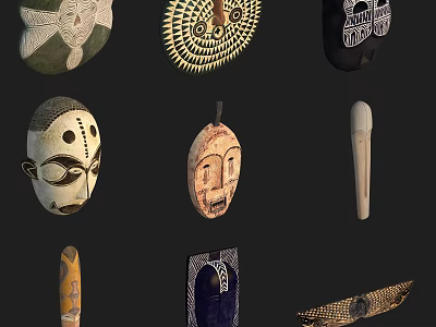 Traditional Handcrafted Sculpture Carving With Various Ethnic Masks And Ornate Patterns 3d model