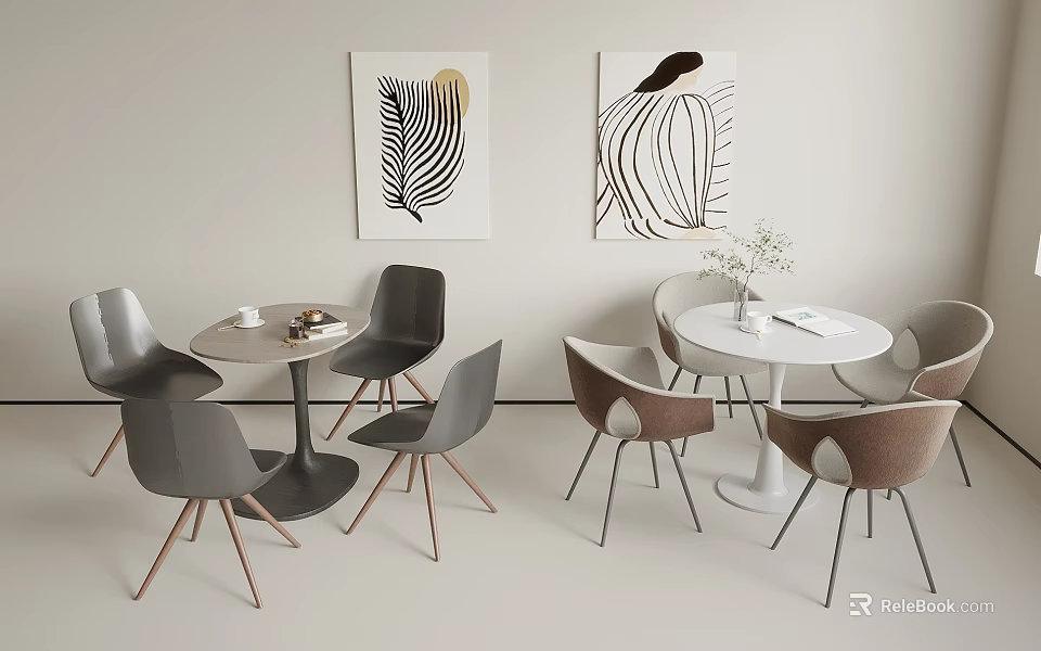 Modern Interior Space With Round Table And Chair Set Gray Brown Chairs And Wall Art 3d model 