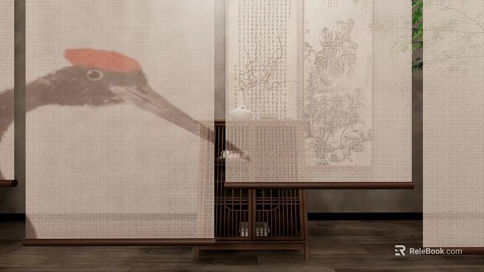 Traditional Chinese Window Curtains With Bird Pattern Calligraphy And Paintings 3d model