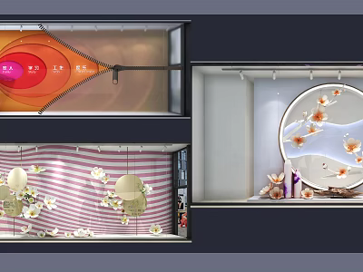 Modern Shop Window Display With Circular Decor Floral Elements Striped Background And Lighting Design 3d model