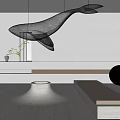 Minimalist Modern Living Room With Whale Shaped Net Decoration And Green Plants