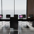 Modern Conference Table With Black Chairs Laptop And Sea View Through Large Windows