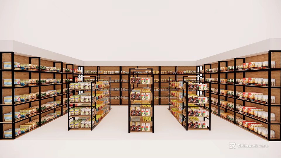 Modern Retail Store Interior With Neatly Arranged Shelves And Various Products 3d model 