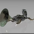 Antique Bronze Fish Shaped Horn Instrument With Green Patina And Scale Texture