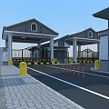 Modern Entrance Gate With Gray Roof Guard Booth And Lane Barrier On Green Lawn