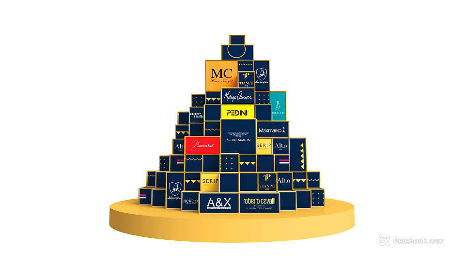 Brand Pyramid Display With Multiple Logos And Stacked Blocks On Base 3d model