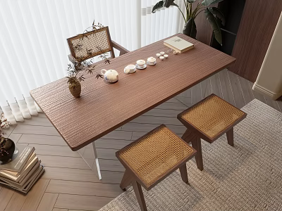 Natural Wooden Tea Table And Rattan Chairs Design With Ceramic Tea Cups And Potted Plants 3d model