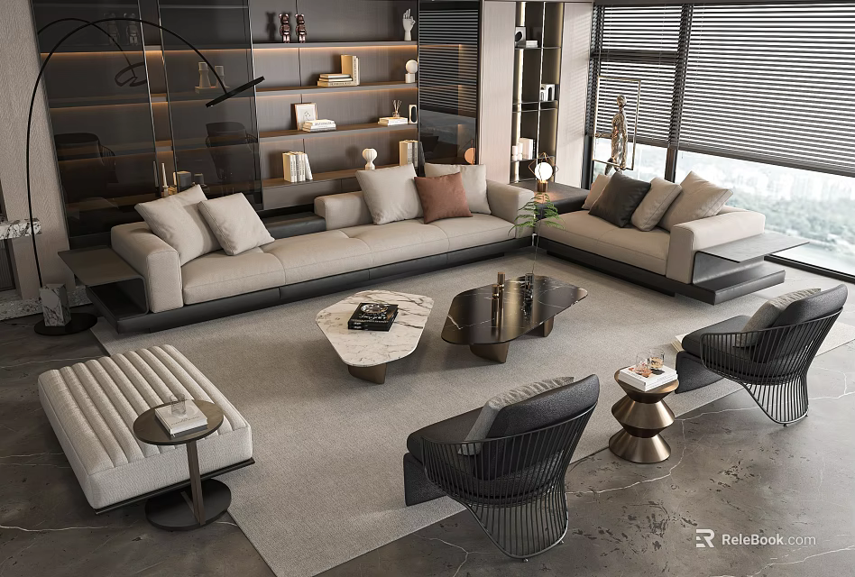 Modern Living Room Sofa Coffee Table Set With Soft Pillows Marble Tops And Accent Chairs 3d model 