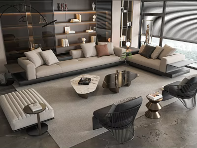 Modern Living Room Sofa Coffee Table Set With Soft Pillows Marble Tops And Accent Chairs 3d model
