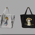 White And Black Tote Bags With Cartoon Girl Hat Design And Stay Happy Text