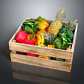 Fresh Assorted Fruits And Vegetables In Wooden Crate With Pineapple Banana Red Pepper Cabbage Orange