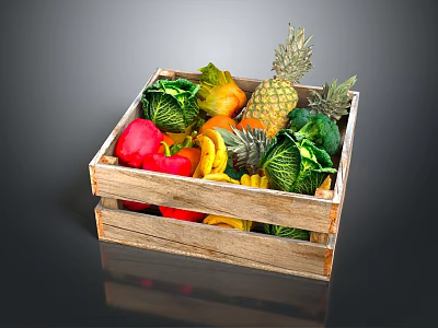 Fresh Assorted Fruits And Vegetables In Wooden Crate With Pineapple Banana Red Pepper Cabbage Orange 3d model