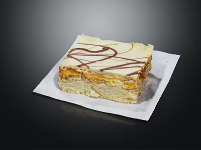 Delicious Square Layered Cake with Vanilla Cream and Chocolate Drizzle on White Paper 3d model