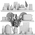 Elegant Decorative Ornament Combination With Wooden Marble Accents Toaster Kettle And Pampas Grass On Shelves