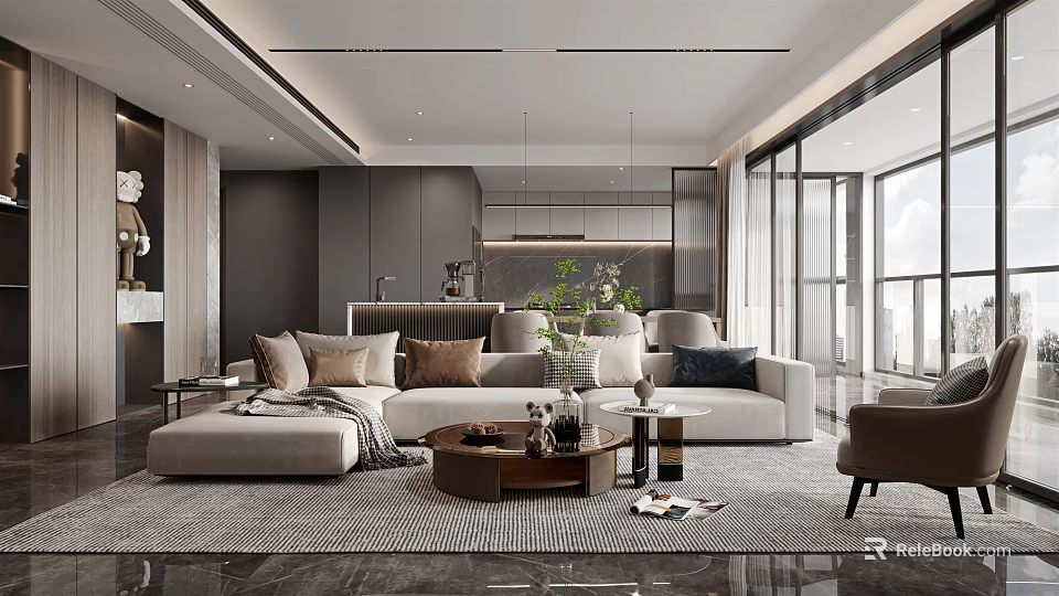 Modern Living And Dining Room With Beige Sofa Coffee Table Green Plants And Large Windows 3d model 