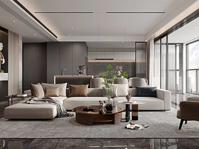 Modern Living And Dining Room With Beige Sofa Coffee Table Green Plants And Large Windows 3d model