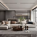 Modern Living And Dining Room With Beige Sofa Coffee Table Green Plants And Large Windows