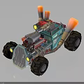 Teal Modified Off Road Vehicle Design With Large Tires Rocket Exhaust Pipes And Exposed Engine