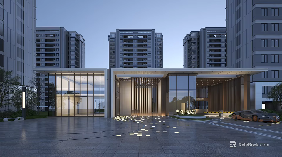 Modern Entrance Gate With Glass Curtain Walls High Rise Residential Buildings And Decorative Ground Lights 3d model 
