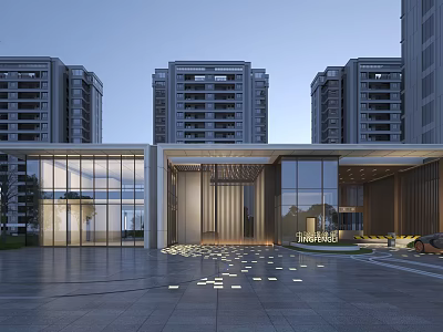 Modern Entrance Gate With Glass Curtain Walls High Rise Residential Buildings And Decorative Ground Lights 3d model