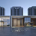 Modern Entrance Gate With Glass Curtain Walls High Rise Residential Buildings And Decorative Ground Lights