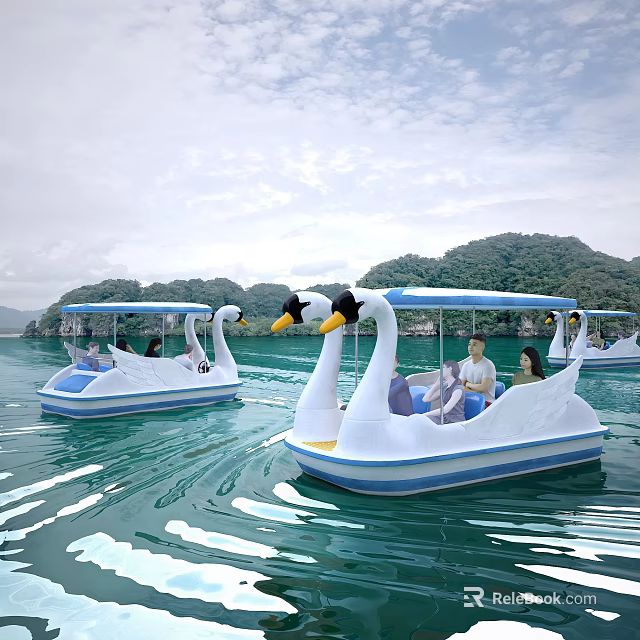 Multiple Swan Shaped Pedal Boats With Passengers On Water Near Mountains And Trees 3d model 