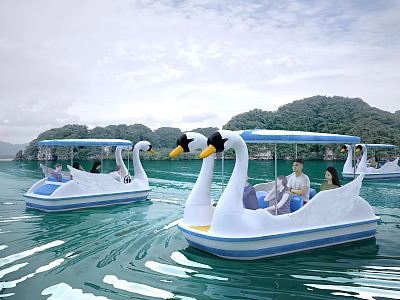 Multiple Swan Shaped Pedal Boats With Passengers On Water Near Mountains And Trees 3d model