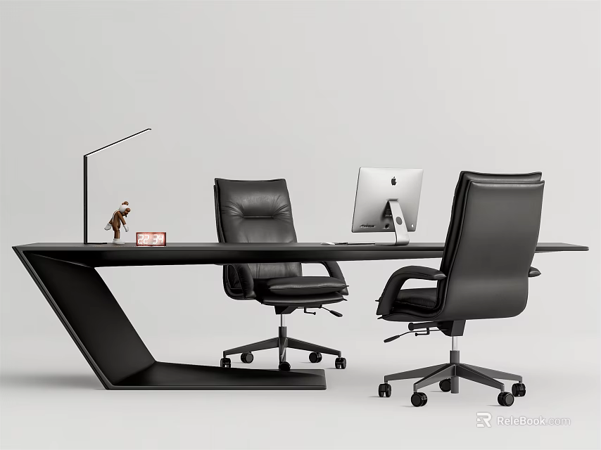 Modern Sleek Office Desk With Two Black Leather Chairs Desk Lamp And Computer 3d model 