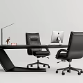 Modern Sleek Office Desk With Two Black Leather Chairs Desk Lamp And Computer