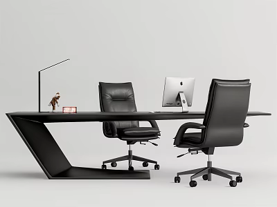 Modern Sleek Office Desk With Two Black Leather Chairs Desk Lamp And Computer 3d model