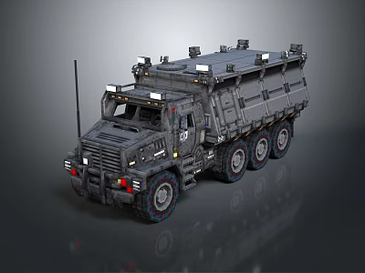 Heavy Duty Armored Military Truck With Roof Mounted Equipment And Multi Wheel Design 3d model