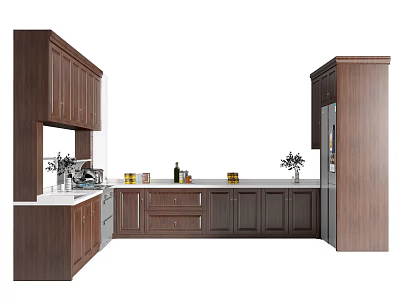 Modern Kitchen Interior With Dark Wooden Cabinets White Countertop And Decorative Items 3d model