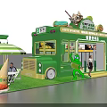 Green Ice Cream Truck With Ice Cream Dessert Decorations And Striped Umbrella Outdoor