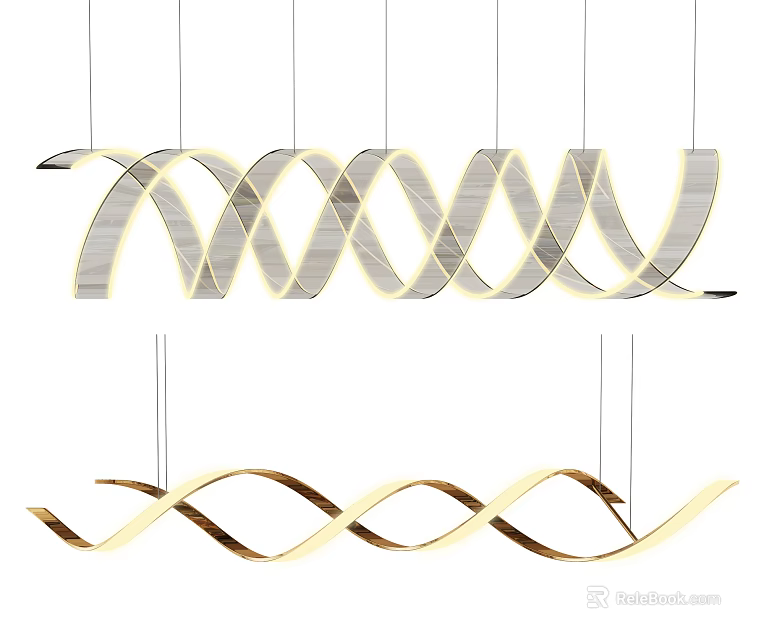 Modern Hanging Chandeliers With Twisted Spiral Design And Gold Silver Lighting 3d model 