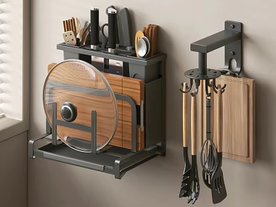 Space Saving Kitchen Utensils Wall Mounted Rack With Spatulas Cutting Board Pot Lid And Knives 3d model