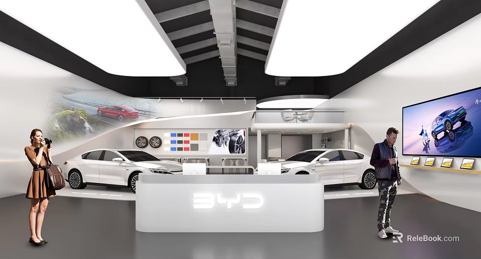 BYD 4S Showroom With White Cars Reception Desk And Salesperson Service 3d model 
