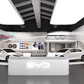 BYD 4S Showroom With White Cars Reception Desk And Salesperson Service