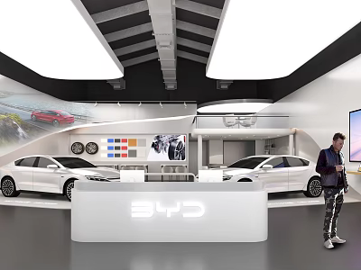 BYD 4S Showroom With White Cars Reception Desk And Salesperson Service 3d model