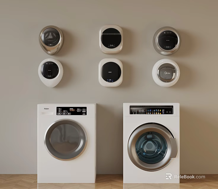 Two White Front Load Washing Machines With Six Wall Mounted Appliances 3d model 